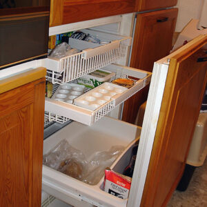 Refrigerator and freezer with pull-out doors and shelves
