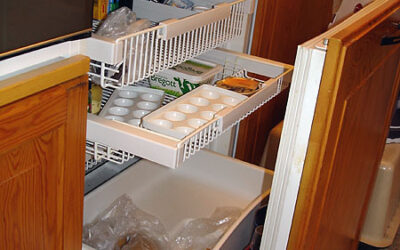 Refrigerator and freezer with pull-out doors and shelves