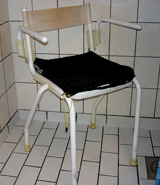 Shower chair with soft back and swinging armrest