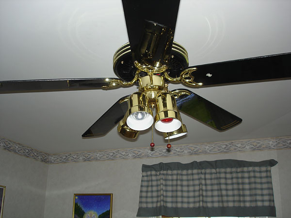 Ceiling fan with five blades with a lamp in the middle.