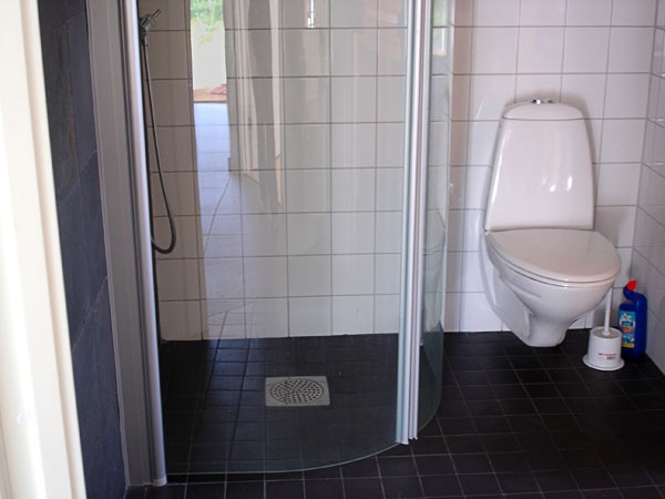 Shower stall with glass doors closed