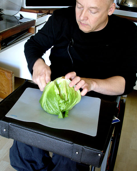 User cuts up lettuce on cutting board