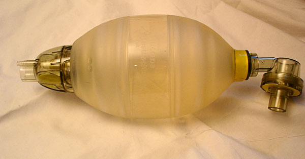 Ambu bag, a silicone balloon, about baseball size, with connection to the ventilator hose.