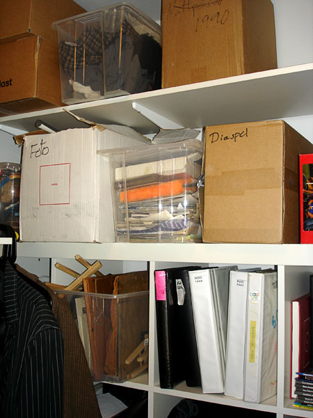 Storage boxes on a shelf