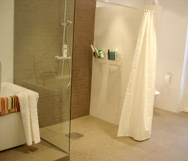 Shower area with glass wall and shower curtains