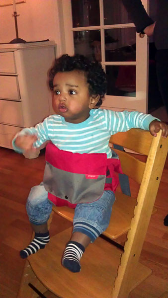 Child in highchair with harness
